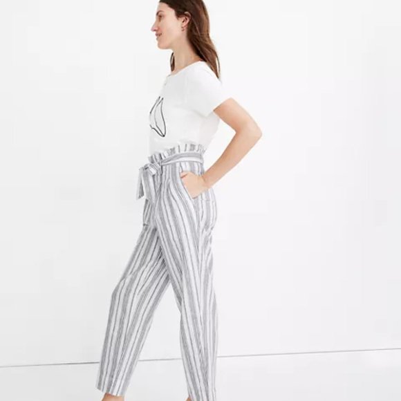Madewell Linen-Cotton Paperbag Pants in Dark Baltic Stripe, Size 6 - Picture 2 of 5